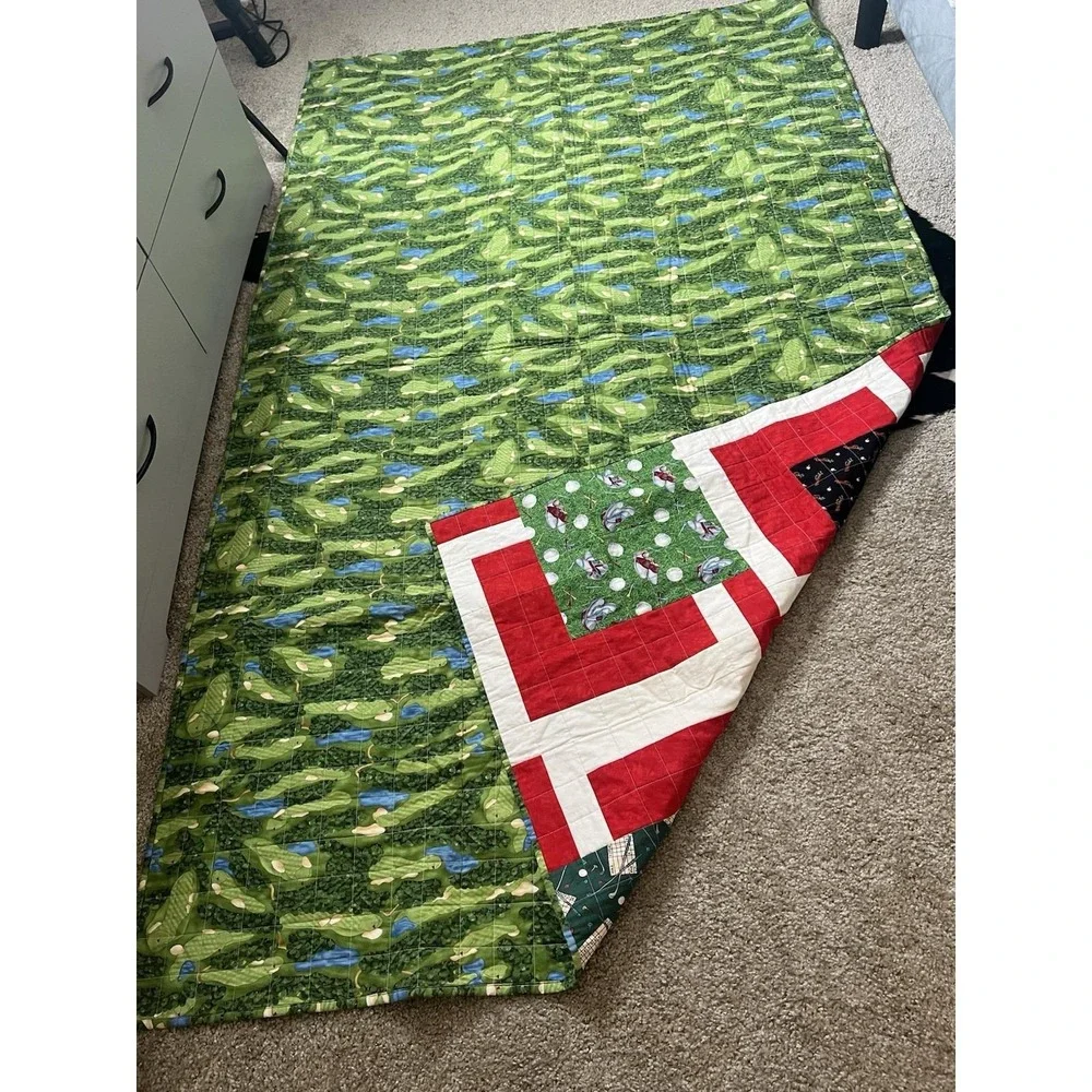 VINTAGE Patchwork Quilt Golf Themed On Both Sides 1950's
